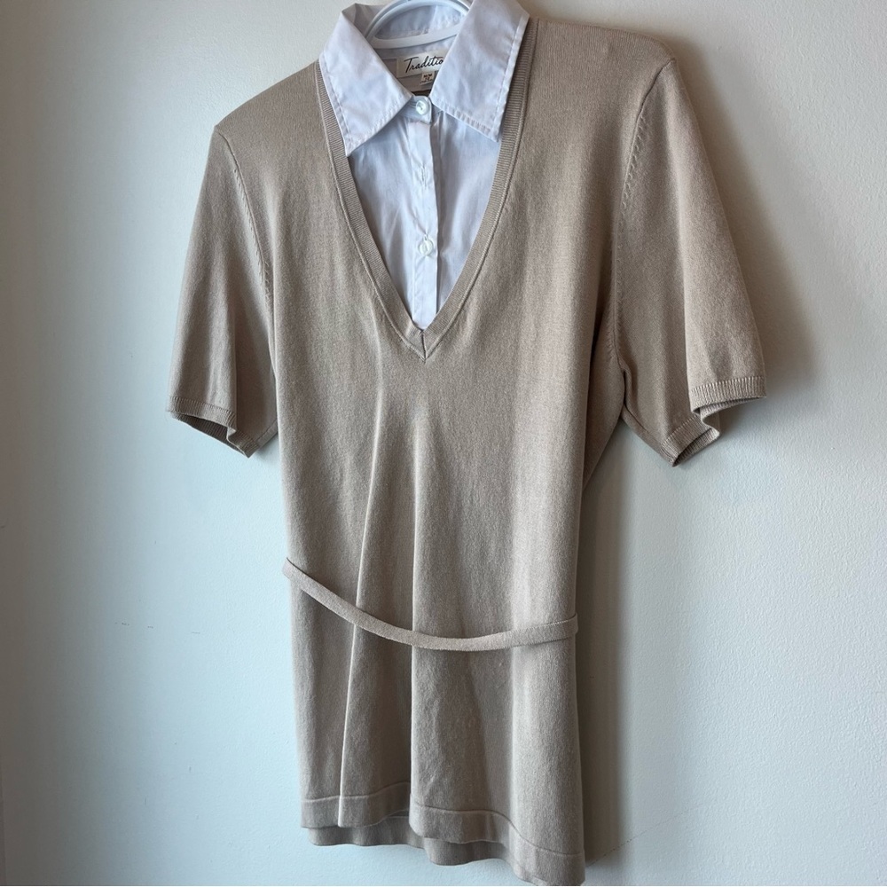 Layered look professional preppy collared shirt knit tie waist Y2K retro - Picture 4 of 10